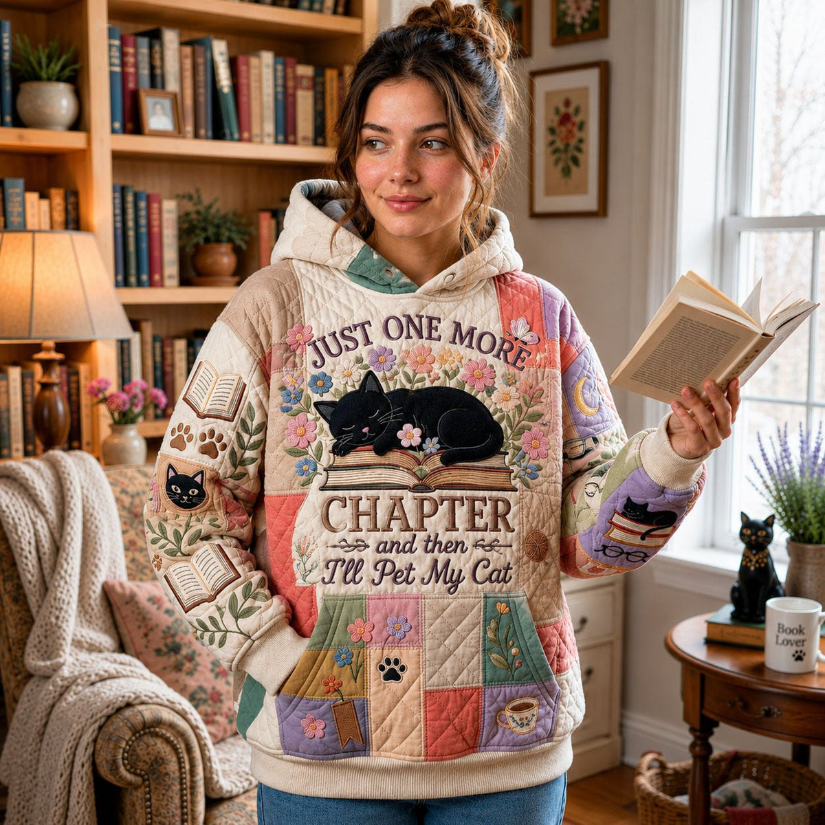 Floral Cat Book hoodie, all-over print