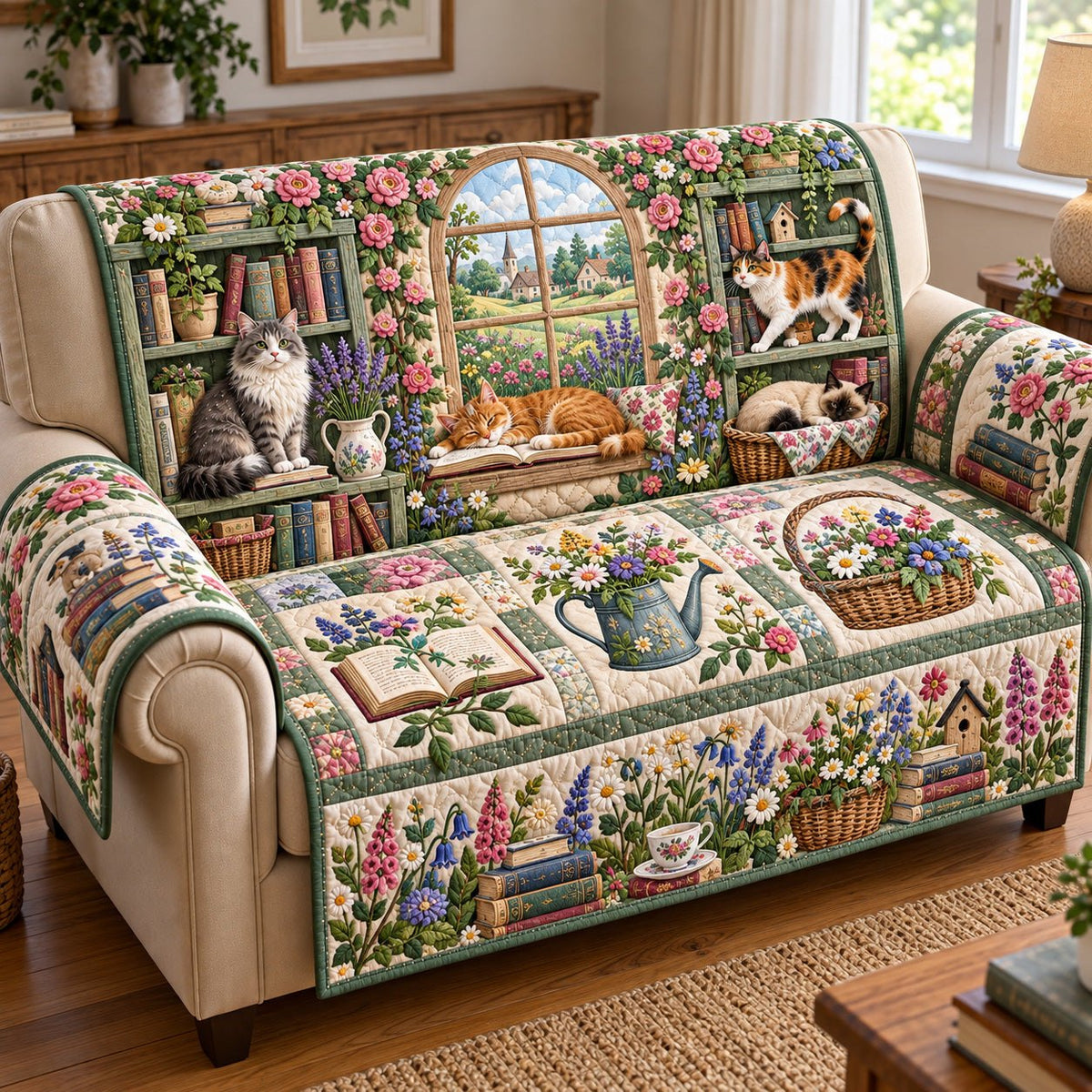 Floral Cats Library Sofa Cover