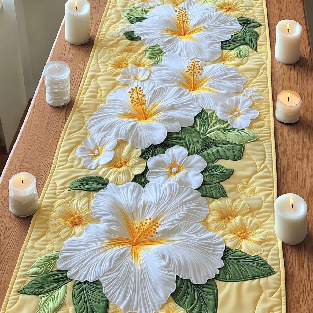White Hibiscus on Green Leaves Table Runner