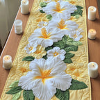 White Hibiscus on Green Leaves Table Runner