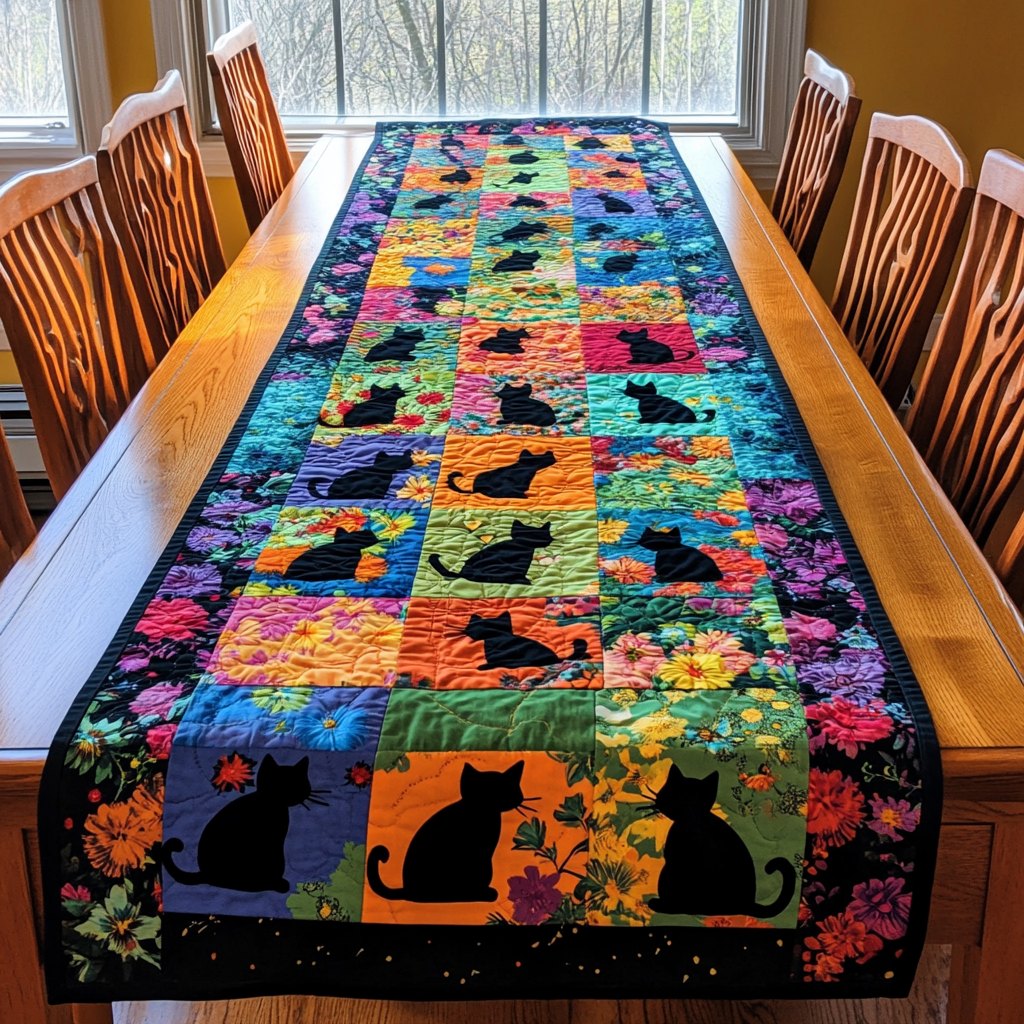 Floral Colorful Cats Table Runner