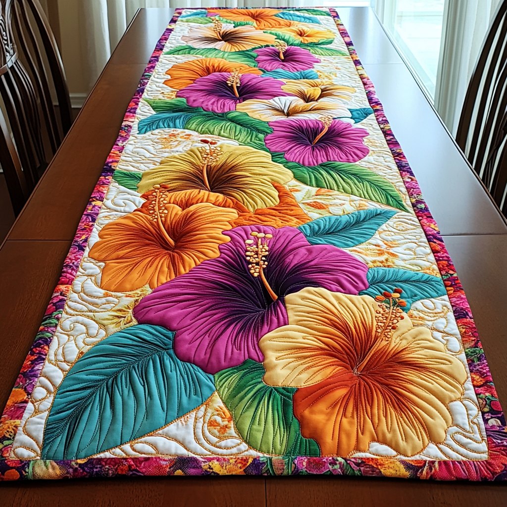 Vivid Hibiscus in Pink and Orange Table Runner