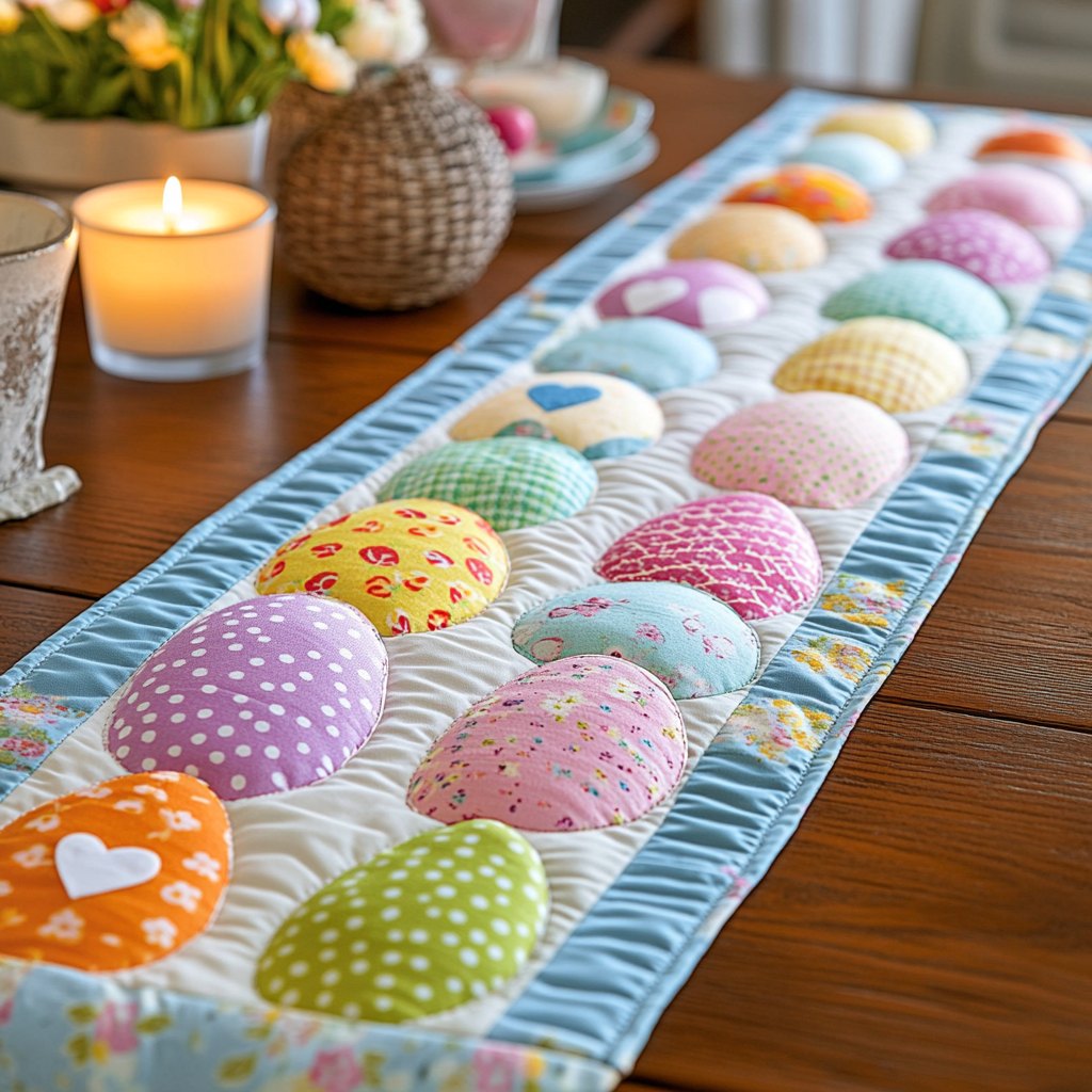 Row of Pastel Eggs on Blue Table Runner