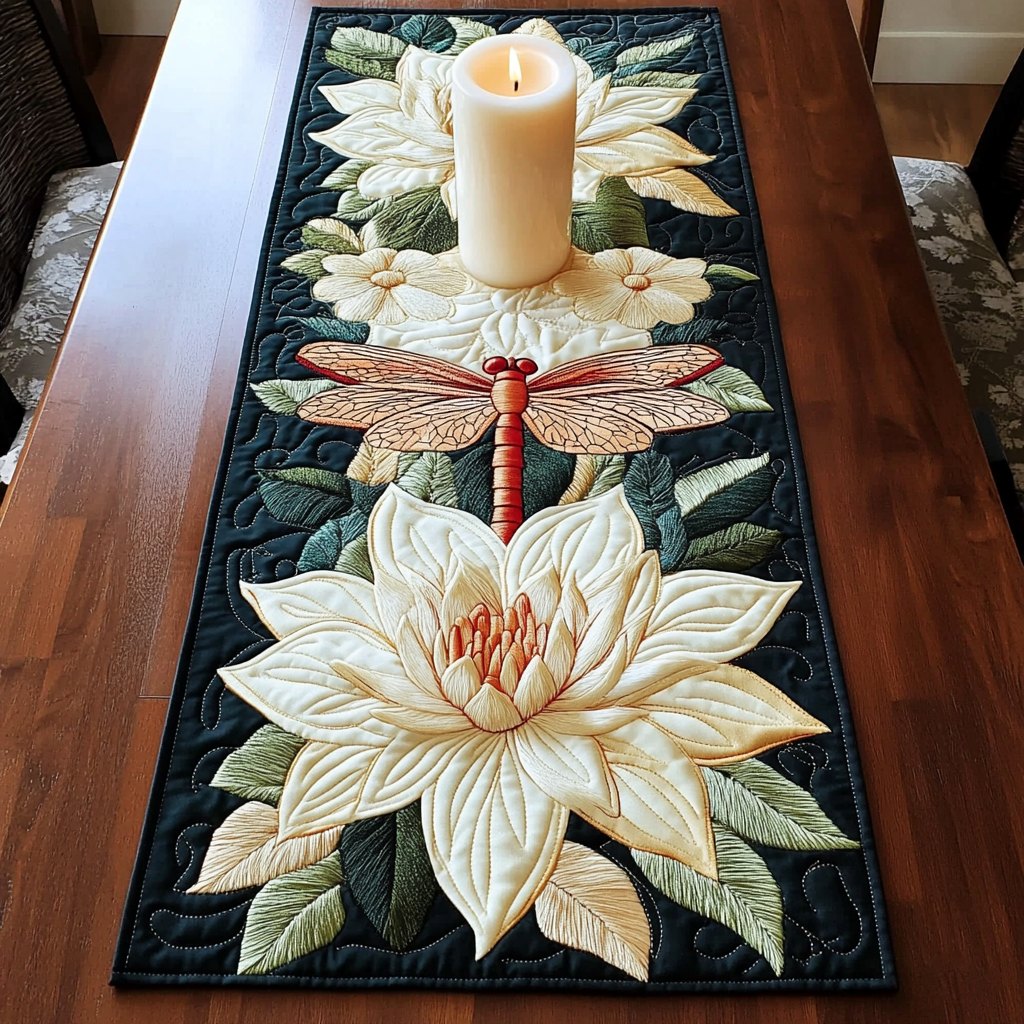 Dragonfly Above a Cream Lotus Table Runner