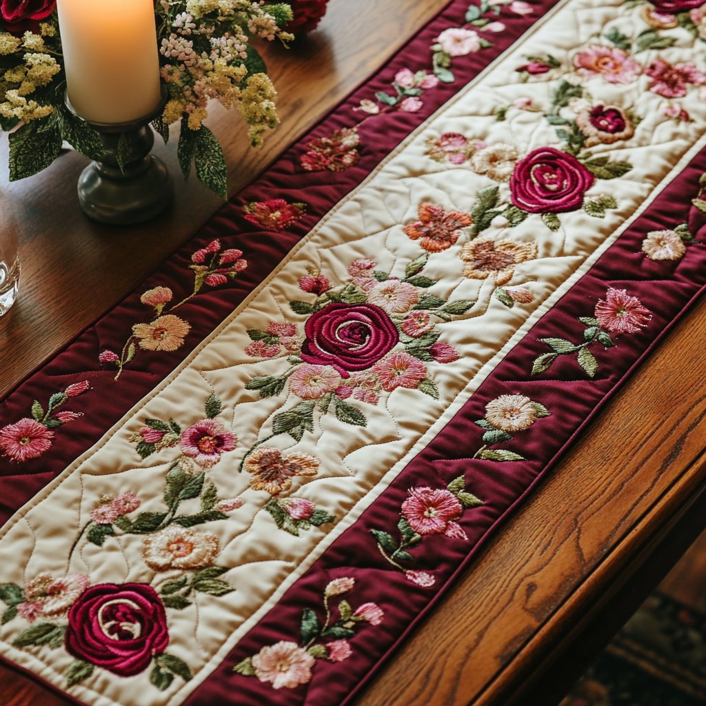 Pink Roses on Cream with Red Border Table Runner
