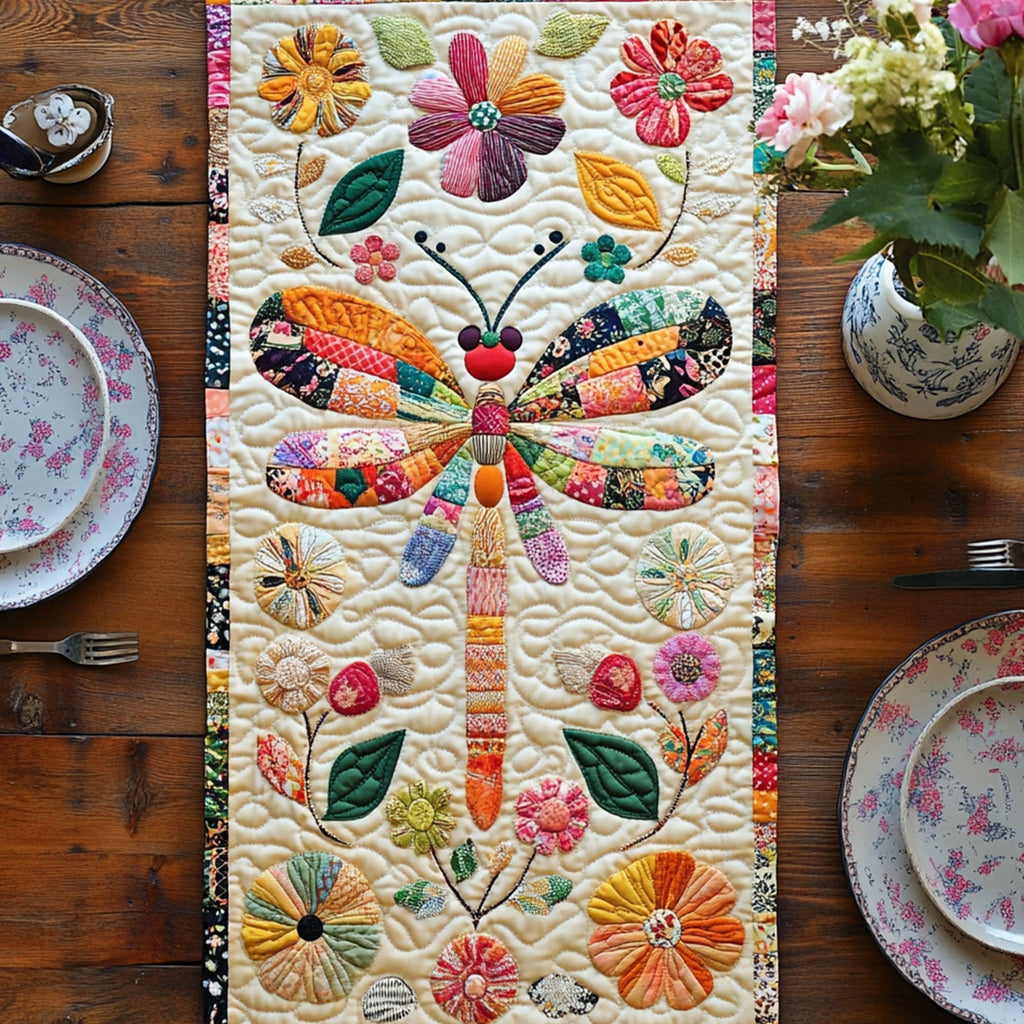 Dragonfly with Scattered Flowers on Cream Table Runner