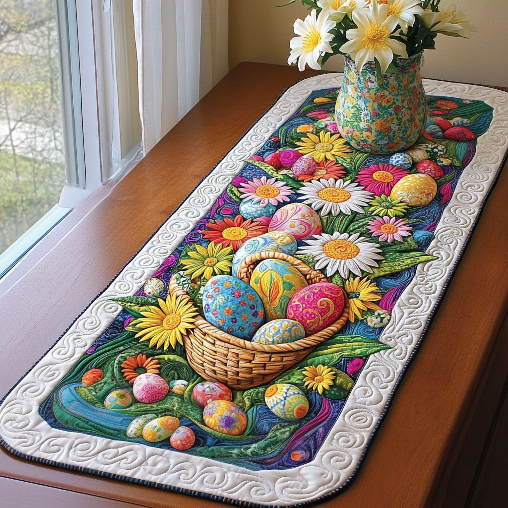 Easter Basket with Eggs and Daisies Table Runner