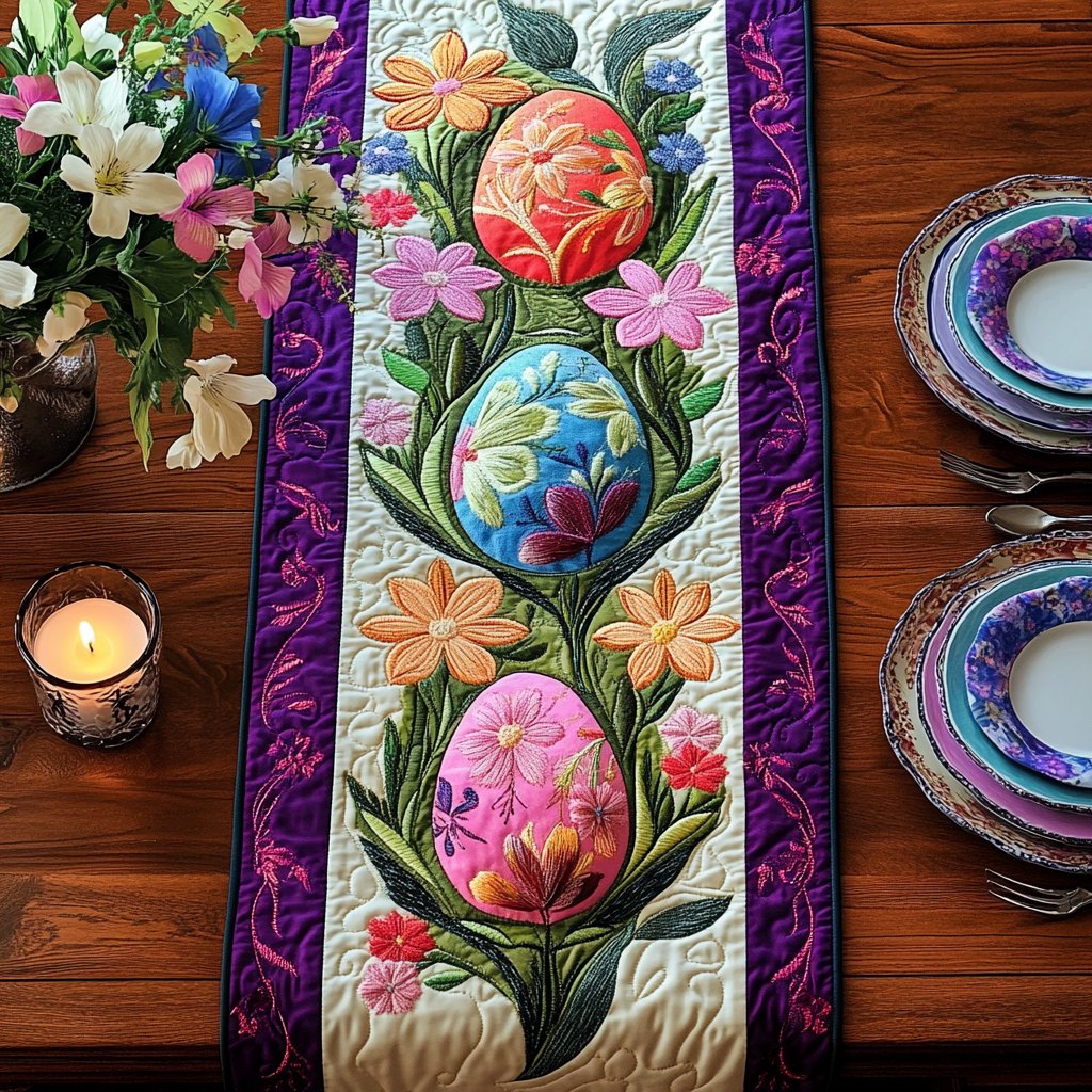 Decorated Egg with Purple Border Table Runner