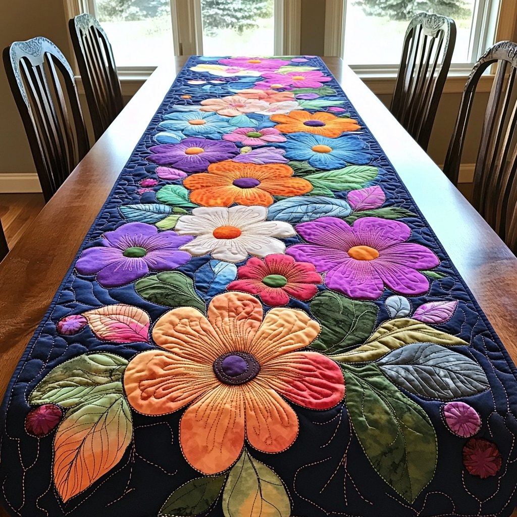 Bold Blossoms on Green Table Runner
