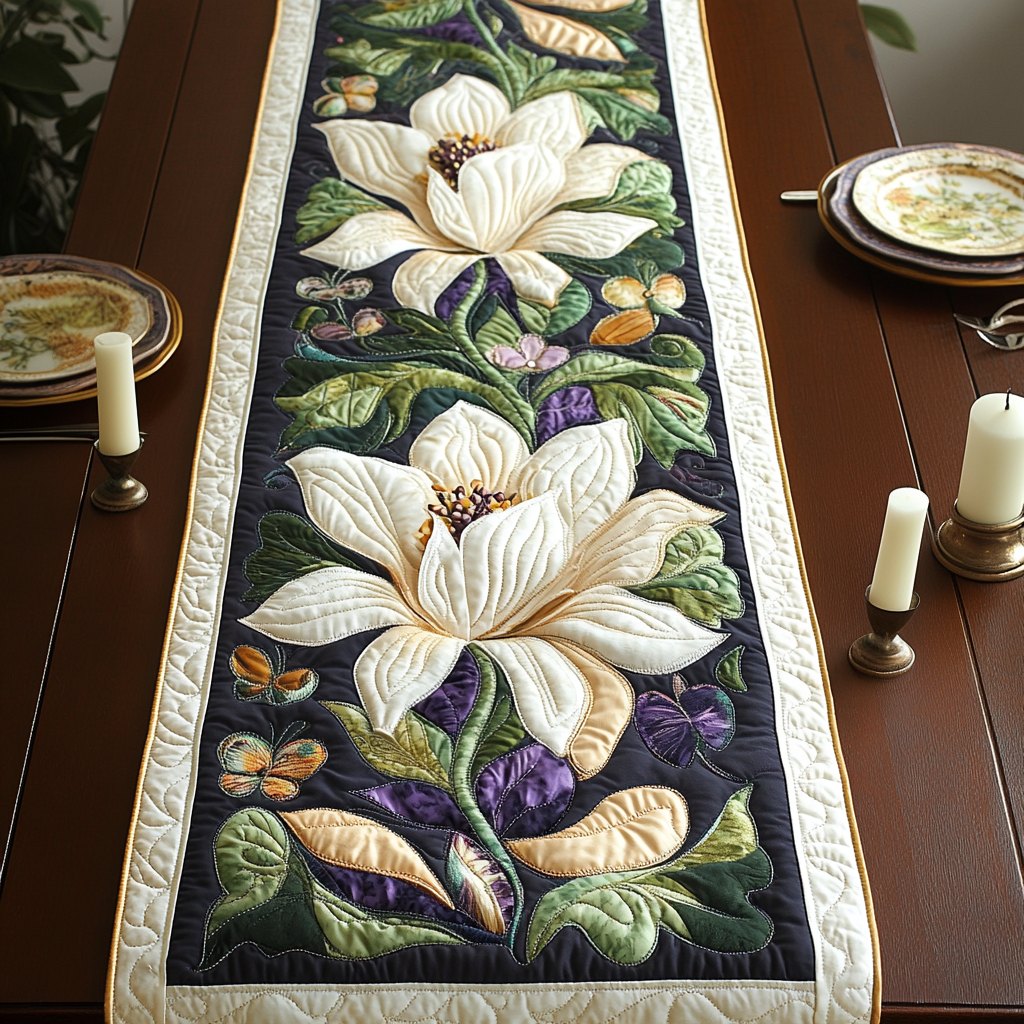 White Magnolias on Dark Green Table Runner