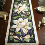 White Magnolias on Dark Green Table Runner