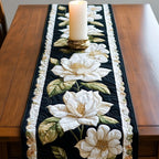 White Magnolias on Black and Cream Table Runner