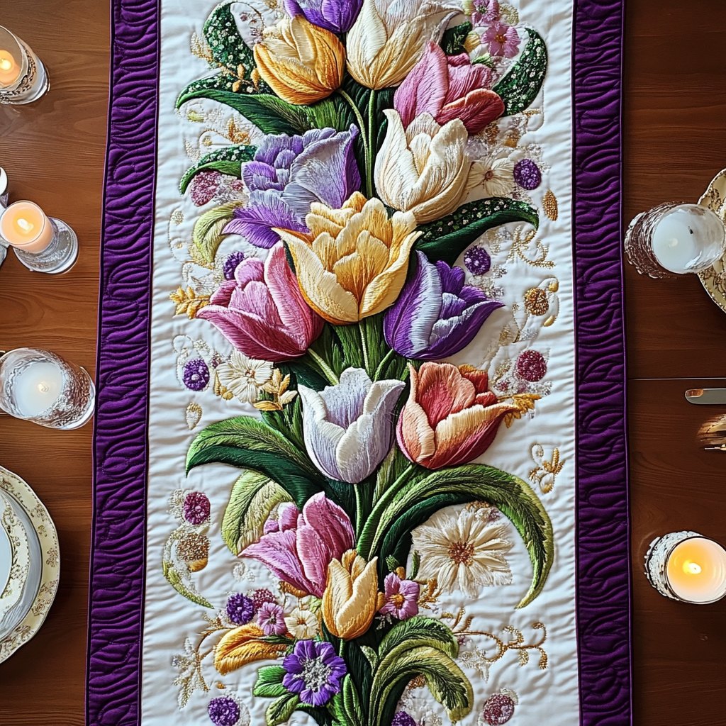 Tulips and Irises with Purple Border Table Runner