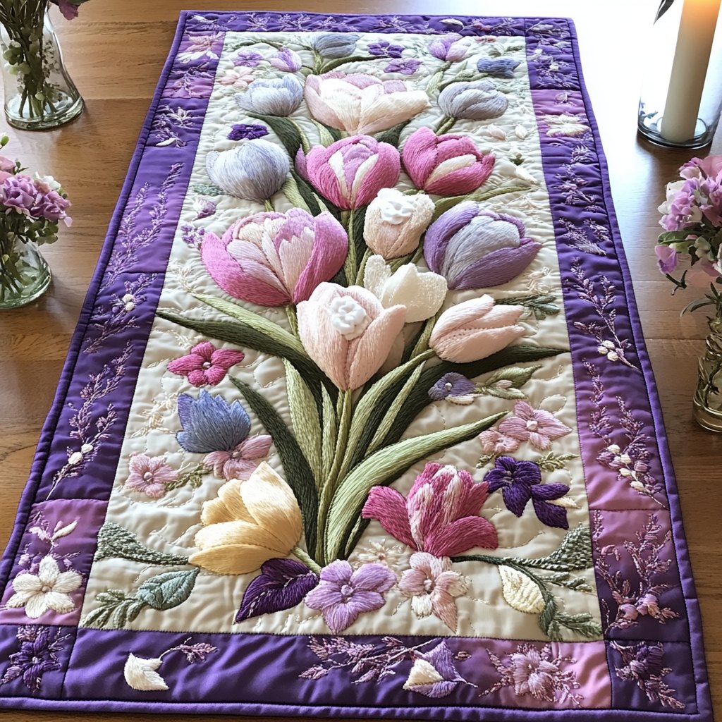 Pink and Cream Tulips on Purple Table Runner