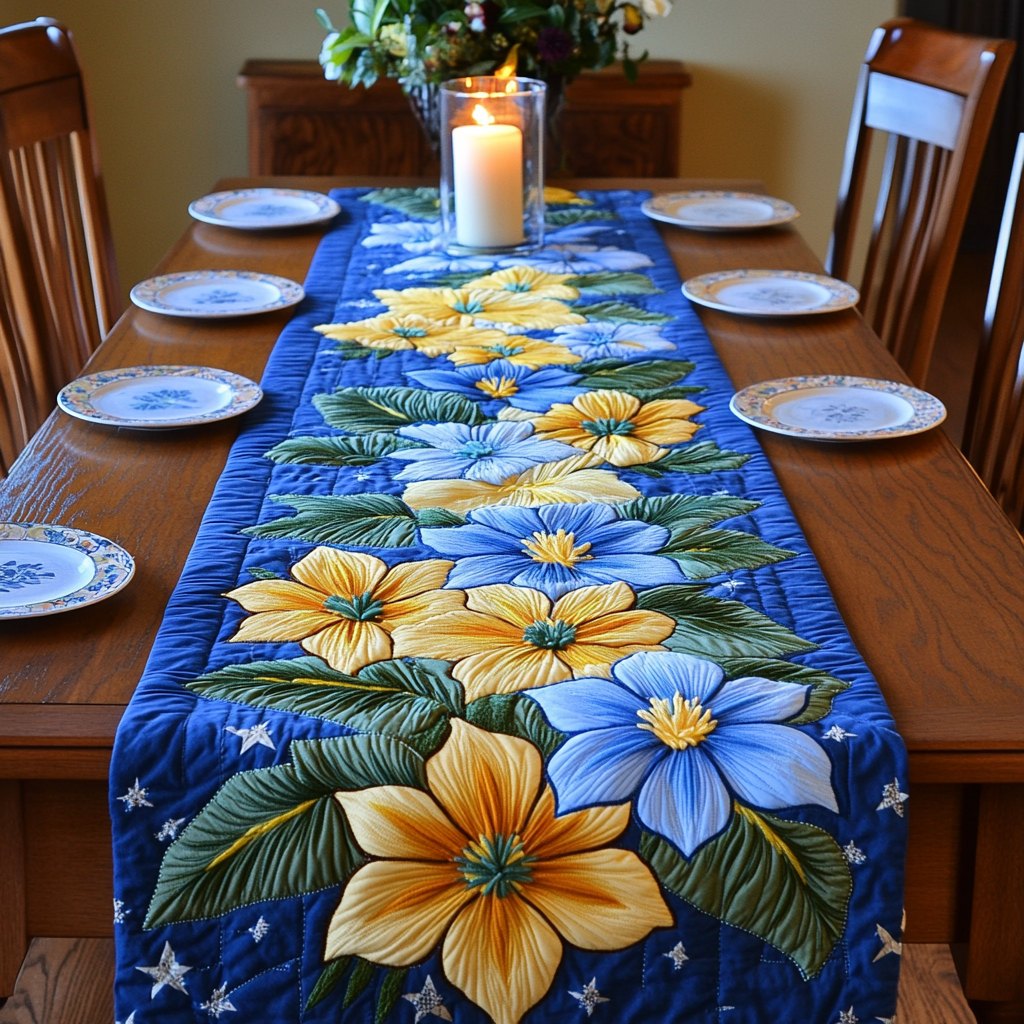Yellow and Blue Blossoms on Blue Table Runner