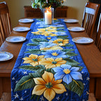 Yellow and Blue Blossoms on Blue Table Runner