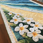 White Plumeria on Green Table Runner