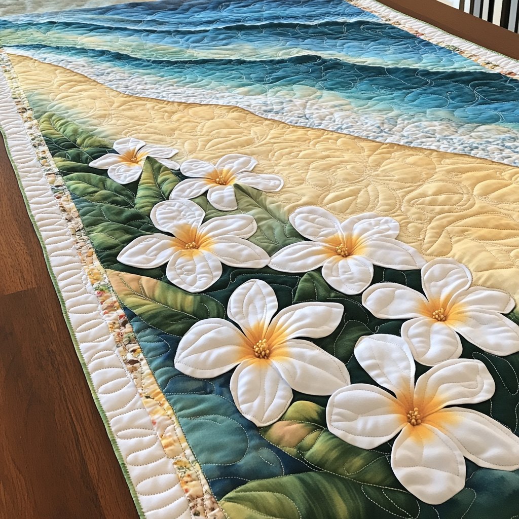 White Plumeria on Green Table Runner
