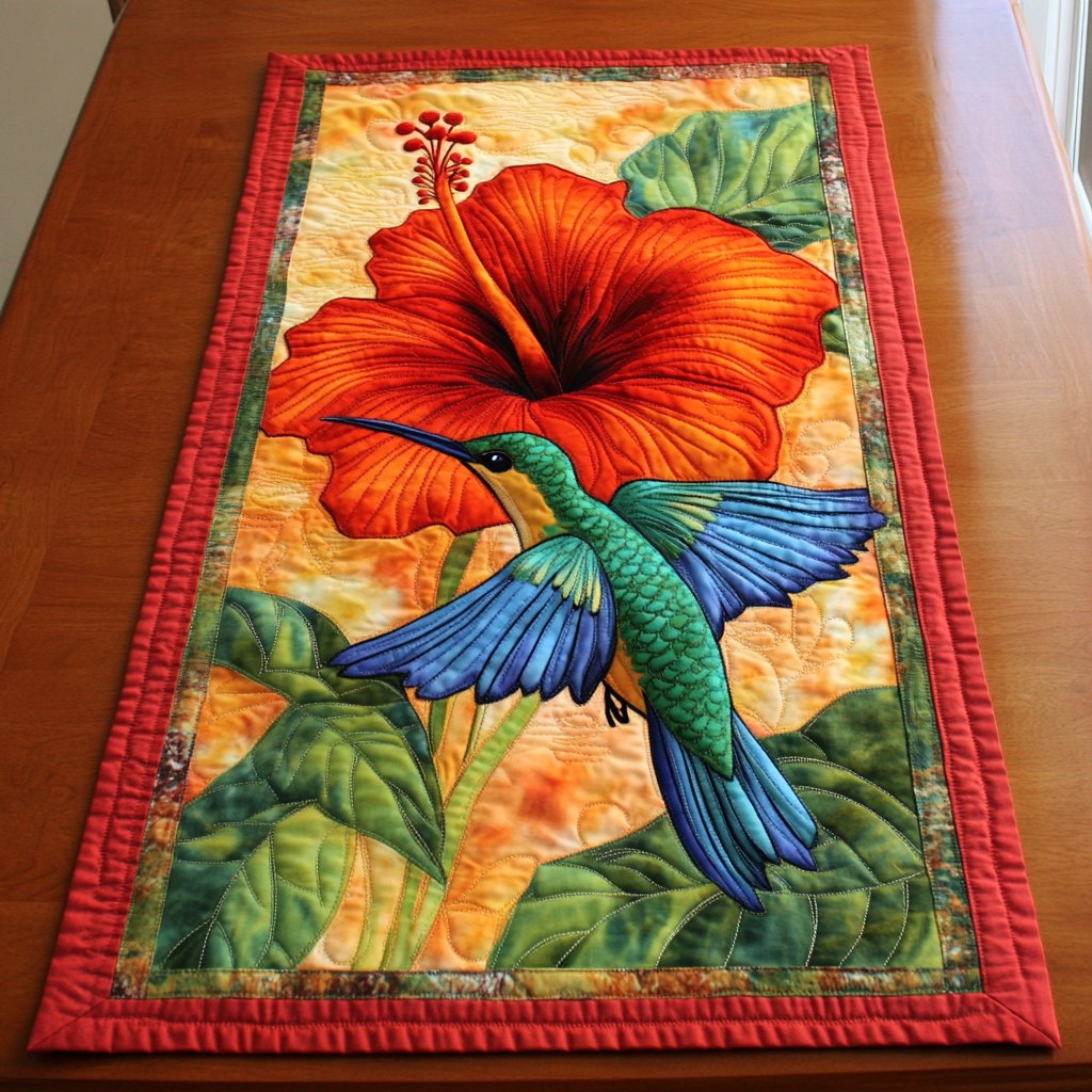Hummingbird with a Red Hibiscus Table Runner