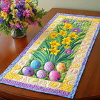 Easter Eggs with Daffodils on Purple Table Runner