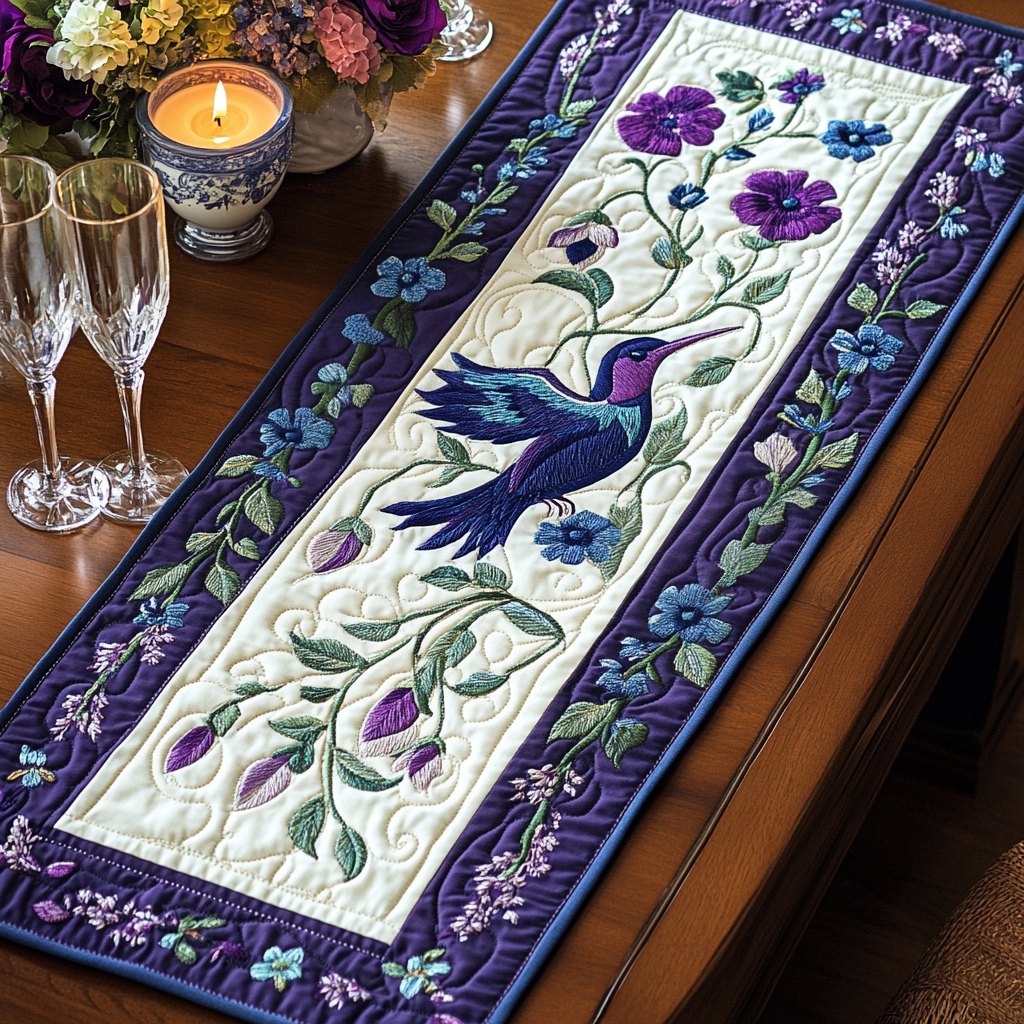 Bluebirds with Flowers on Cream Table Runner
