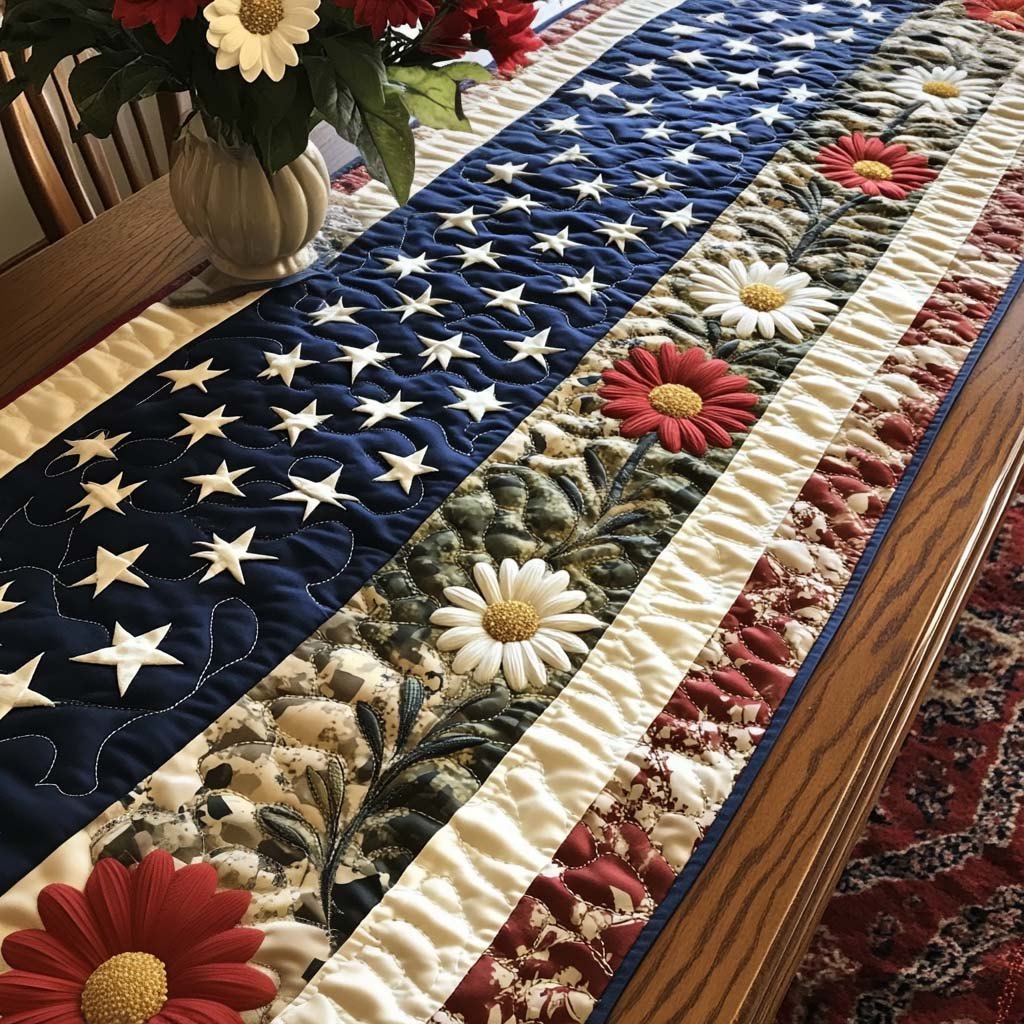 Stars and Stripes with White Daisies Table Runner