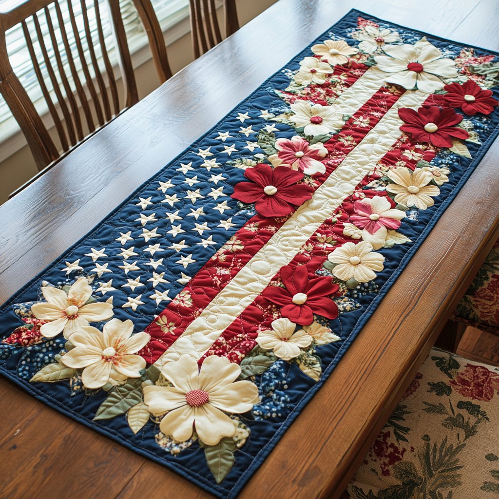 Flag Stripes with White Magnolias Table Runner