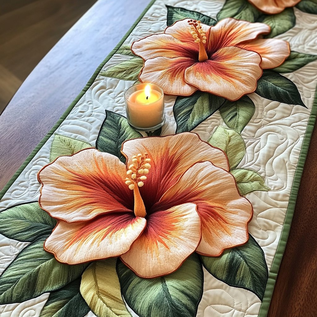 Peach Hibiscus on Cream Table Runner