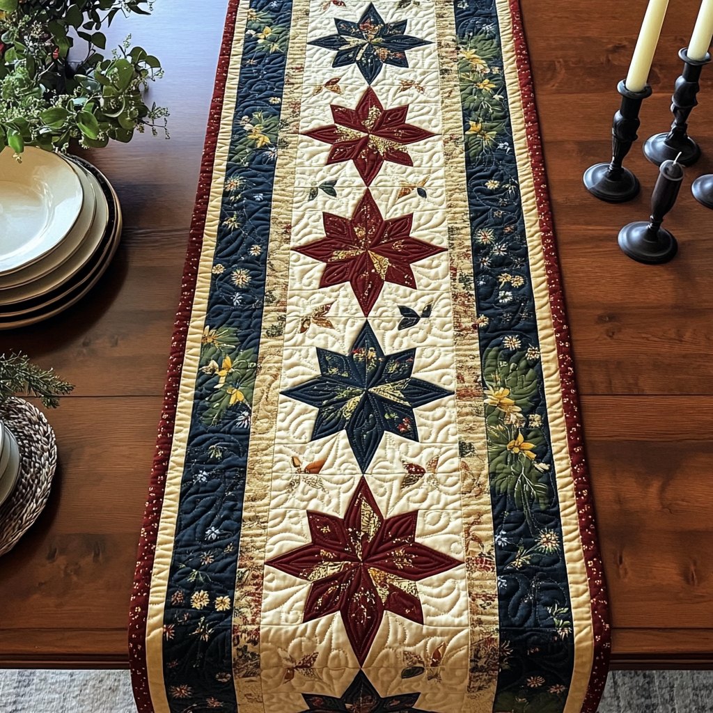 Burgundy Stars on Navy Blocks Table Runner