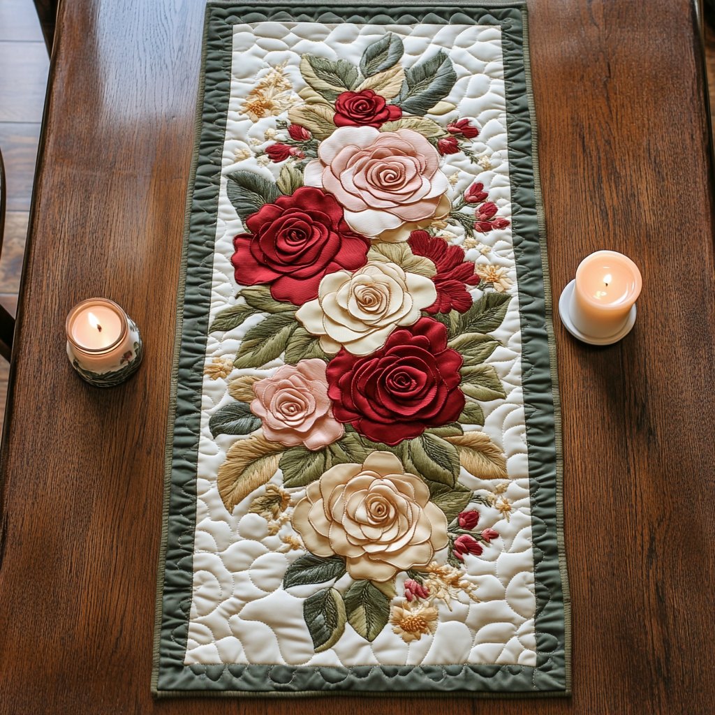 Red and Cream Roses on Ivory Table Runner