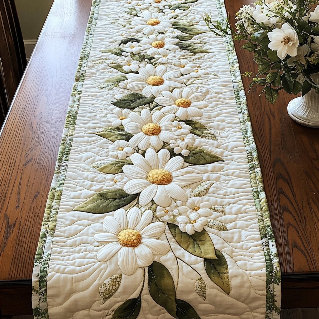 White Daisy Stems on Ivory Table Runner