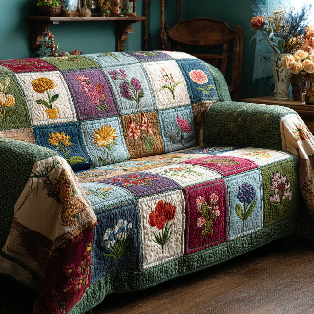 Botanical Flower Squares in Berry Sofa Cover