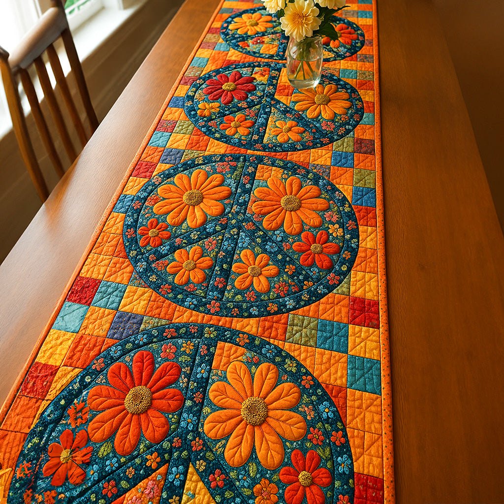 Orange Blooms in Teal Medallions Table Runner