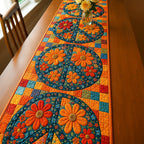 Orange Blooms in Teal Medallions Table Runner