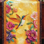 Hummingbird with Pink Flowers on Gold Table Runner
