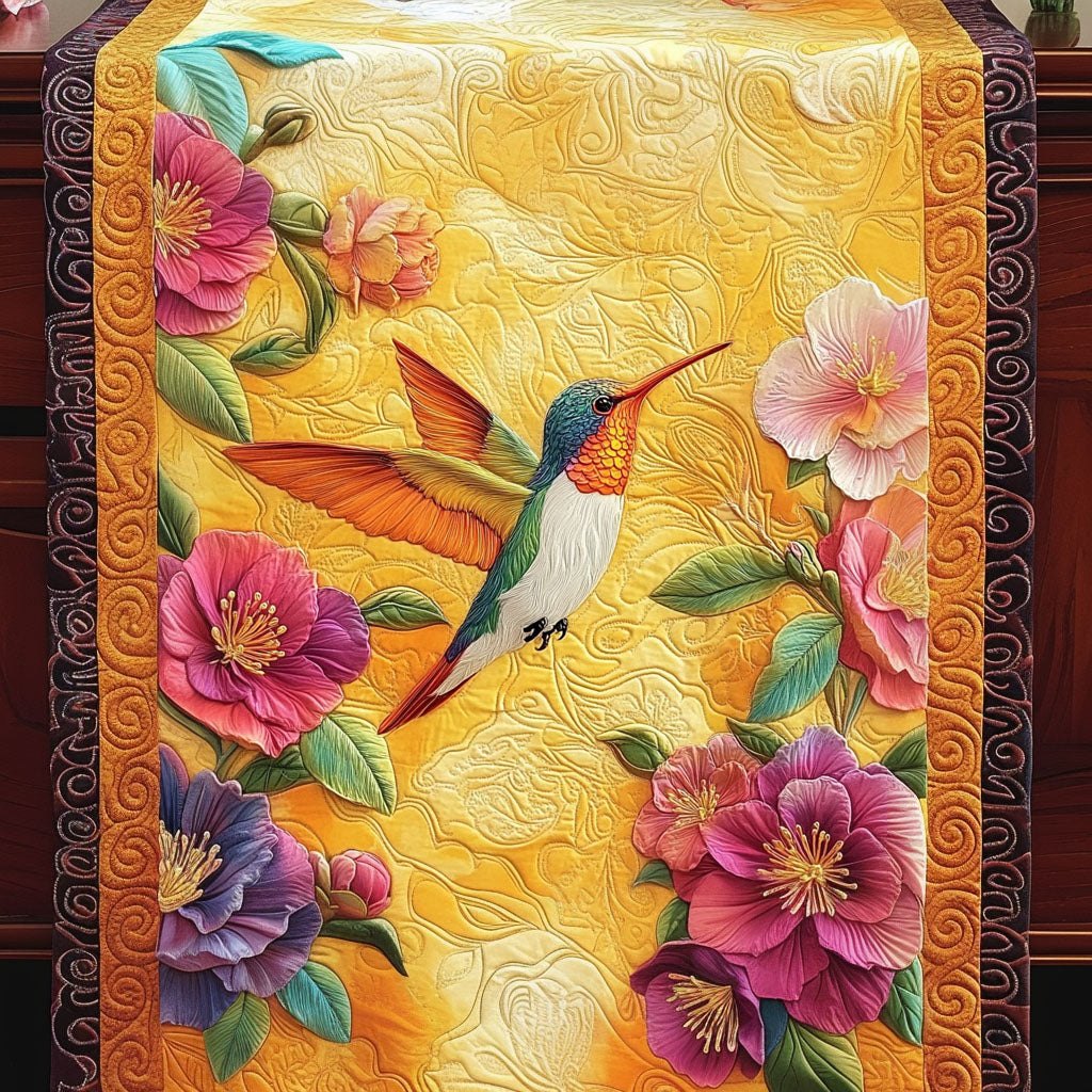 Hummingbird with Pink Flowers on Gold Table Runner