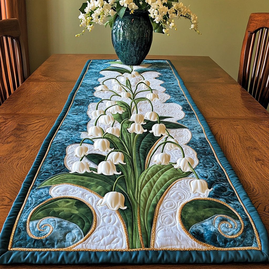 Lily of the Valley on Blue Table Runner