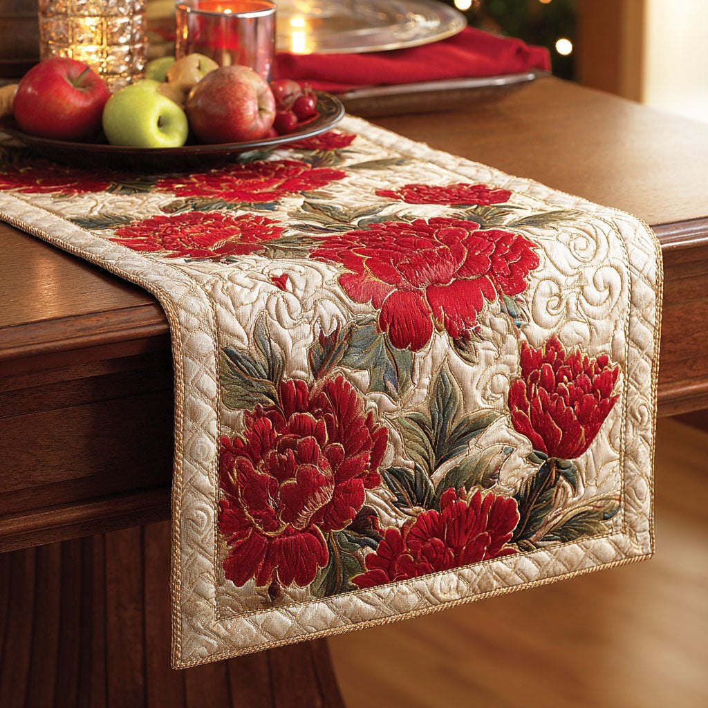 Red Peonies on Cream Table Runner