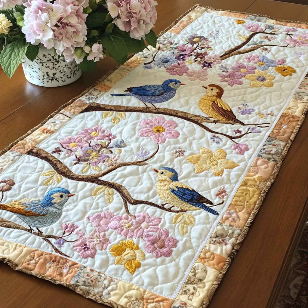Bluebirds on Blossom Branches Table Runner
