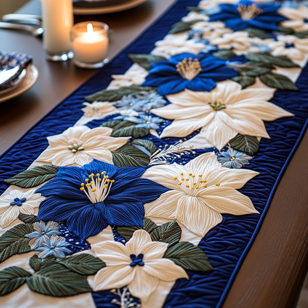 Blue and White Poinsettias Table Runner