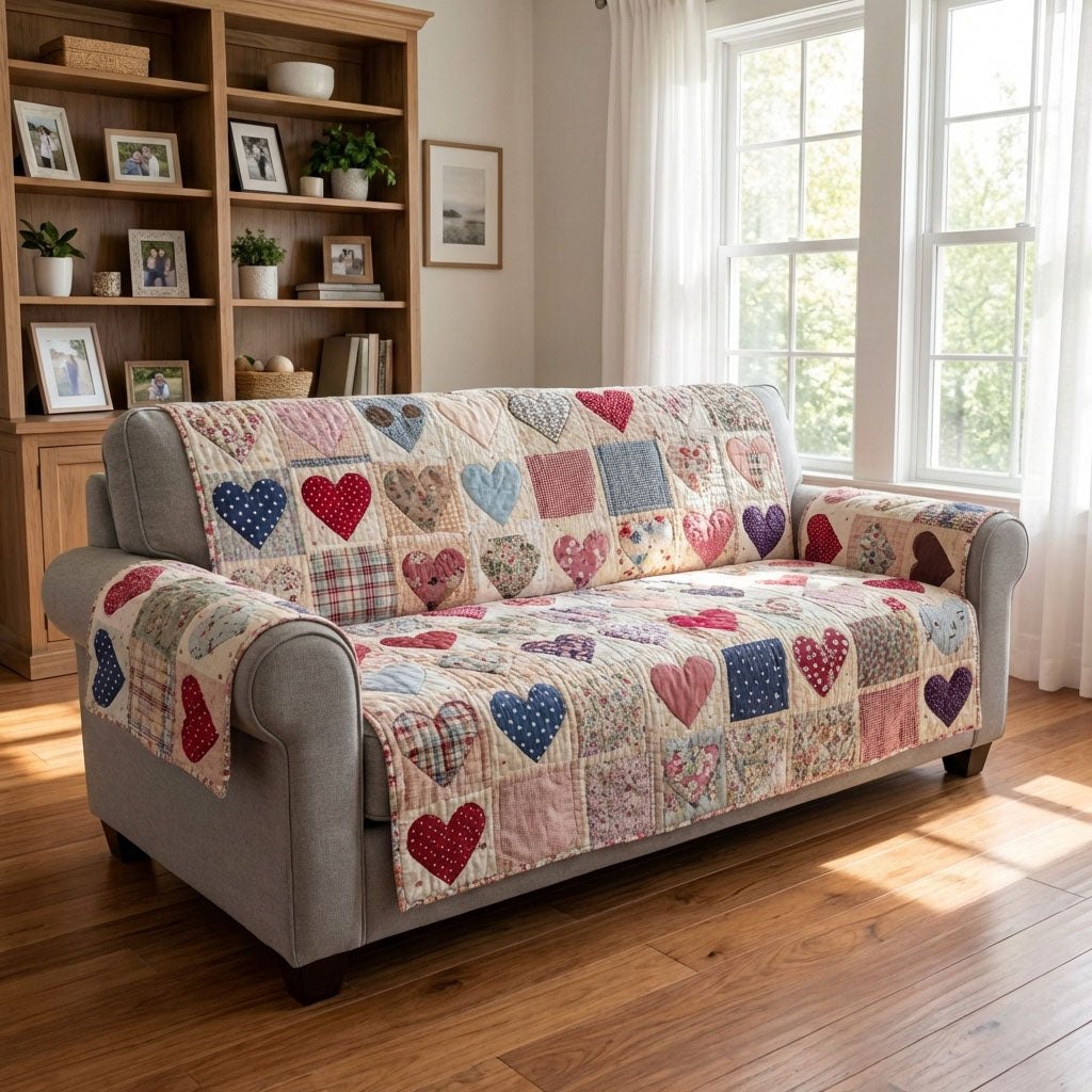 Pastel Hearts in Country Patchwork Sofa Cover