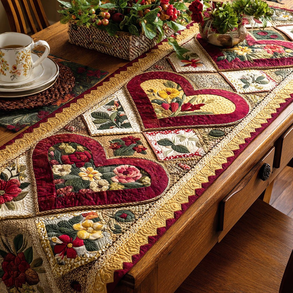 Floral Hearts on Golden Border Table Runner