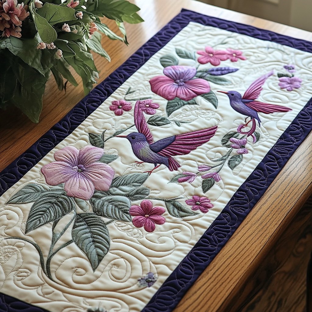 Hummingbirds with Pink Flowers on Navy Table Runner