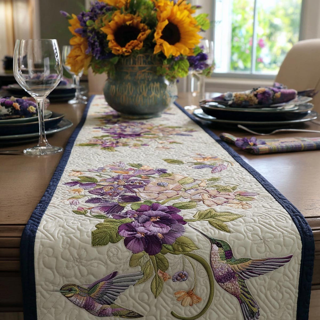 Purple Blooms with a Hummingbird Table Runner