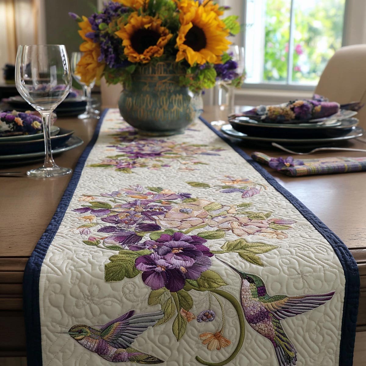 Purple Blooms with a Hummingbird Table Runner