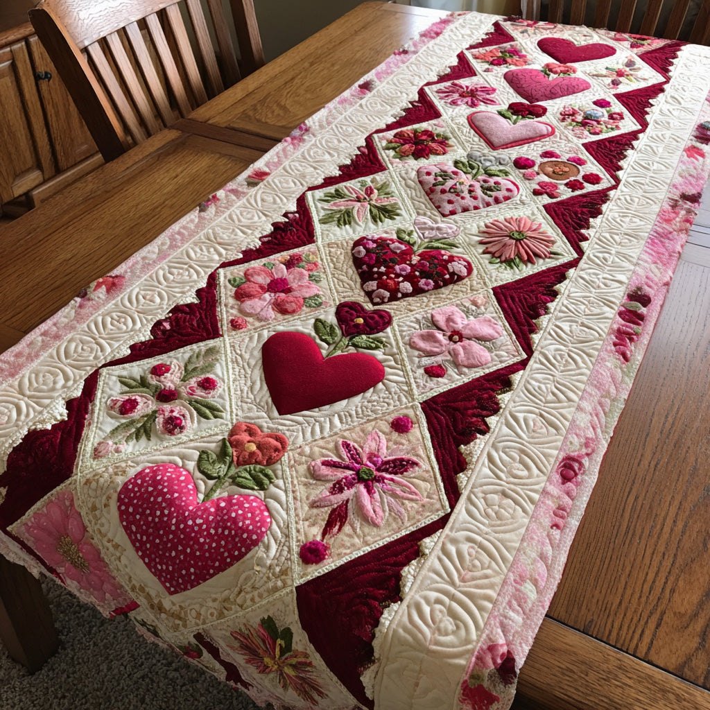 Pink Heart with Flowers on Pink Table Runner