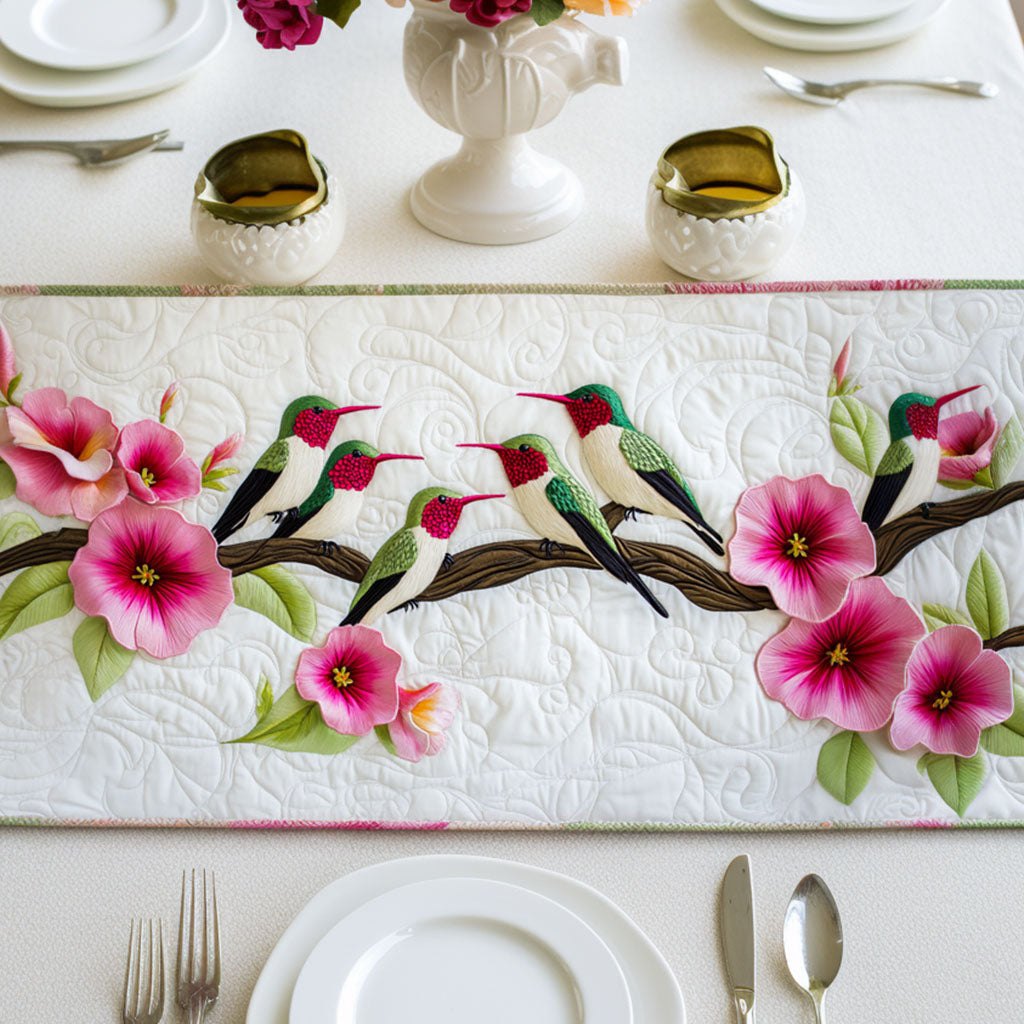 Hummingbirds with Pink Blossoms on White Table Runner
