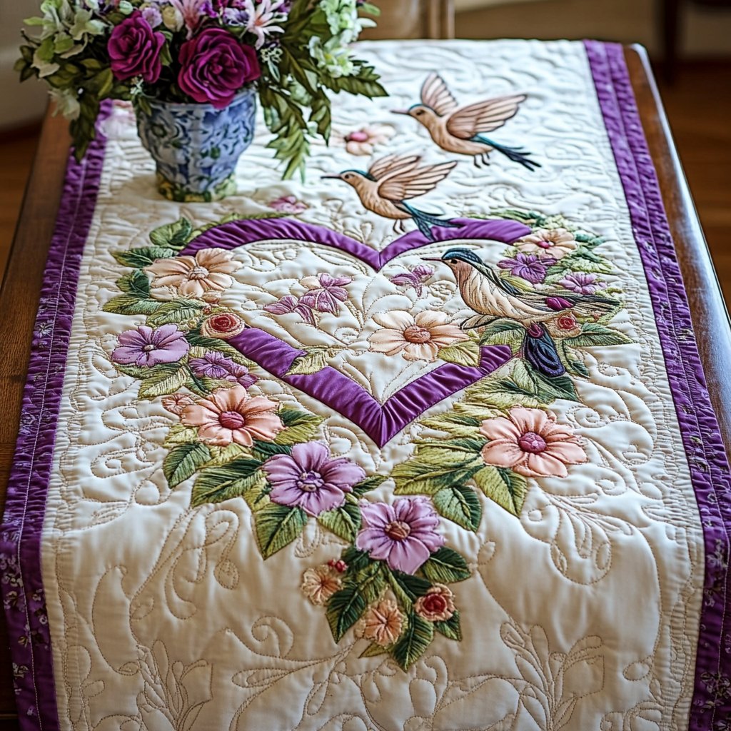Hummingbirds Above a Floral Heart Table Runner
