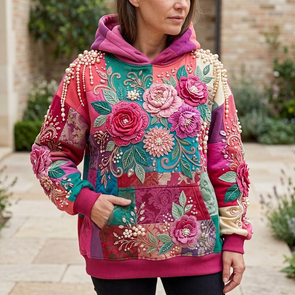 Pink Rose Patchwork hoodie, all-over print