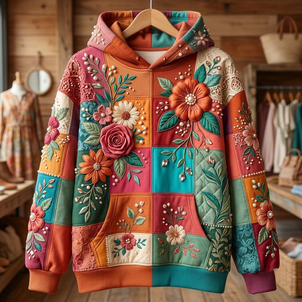 Coral Sunflower Patchwork hoodie, all-over print